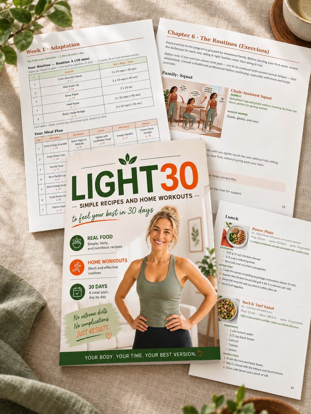 Light30 program: book cover, weekly plan, illustrated exercise guide, and recipe pages
