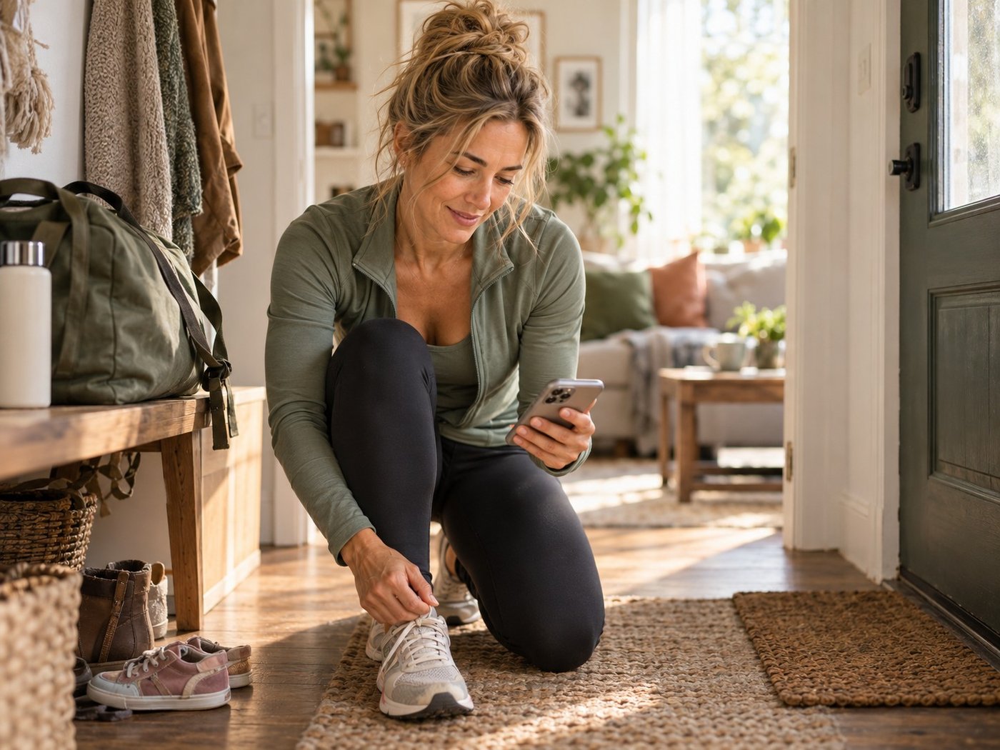 A woman getting ready for her day, tying her shoes before heading out